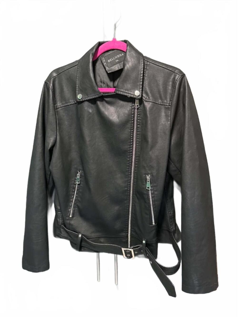 Bellevue Black Faux Leather Moto Jacket with Belt